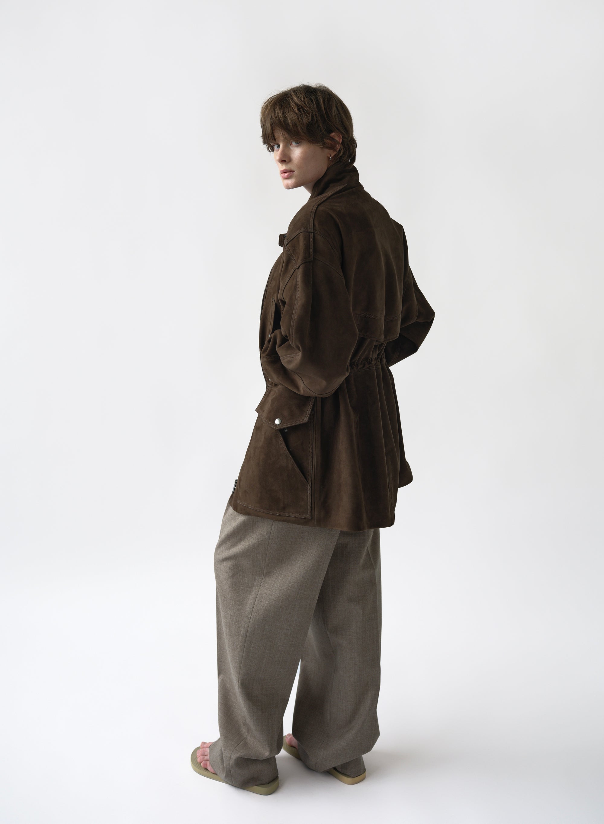 SUEDE PARKA IN KHAKI-BROWN